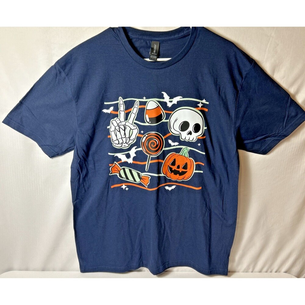 Unisex L Black Cotton Knit Crew Neck Short Sleeve Halloween Skeleton Tee